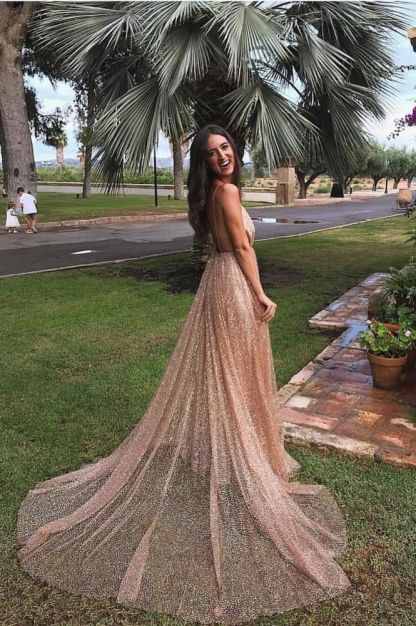 Glamorous Sequins A-Line Long Prom Gowns | 2021 Spaghetti Straps V-Neck Evening Dress