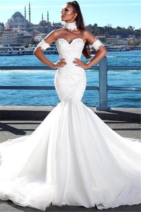 Sexy Mermaid Sweetheart Modern Wedding Dresses | Lace Dresses for Weddings with Choker