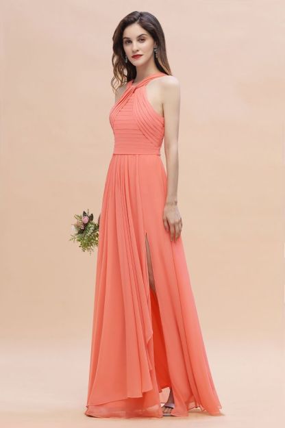 Cross Neck Chiffon Long Bridesmaid Dress Coral Beach Wedding Guest Dress
