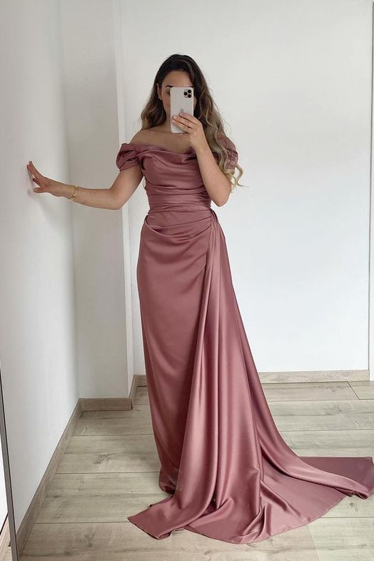 Off the shoulder Burgundy Court Train Prom Dresses