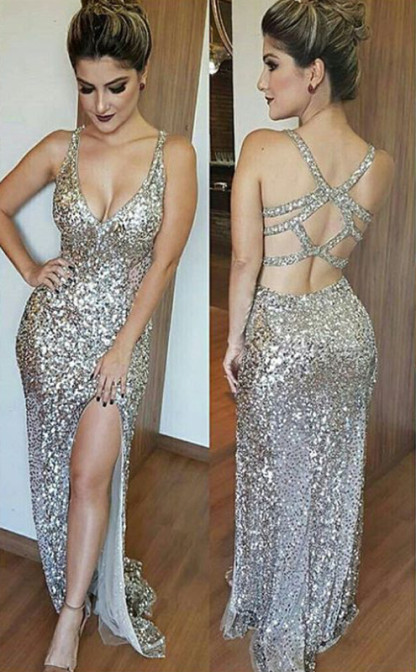 Open Back Long Mermaid V-neck Sequins SleevelessProm Dress