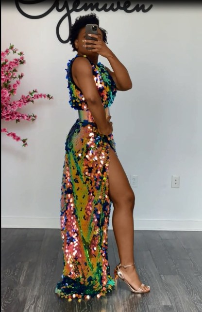 Sleeveless Sparkly Sequined Formal Party Maxi Dress V-Neck