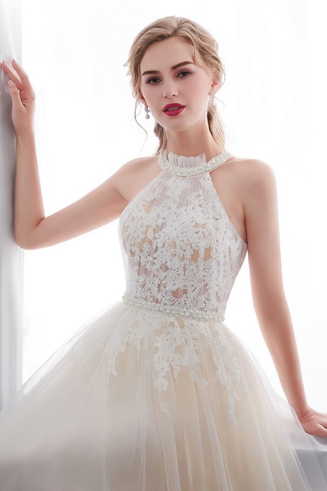 NATALIA | A-line Halter Floor Length Appliqued Tulle Evening Dresses