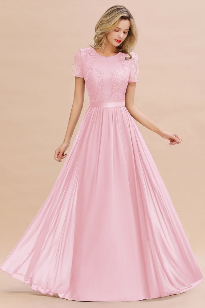 Retro Chiffon Lace Scoop Short-Sleeves Online Bridesmaid Dress