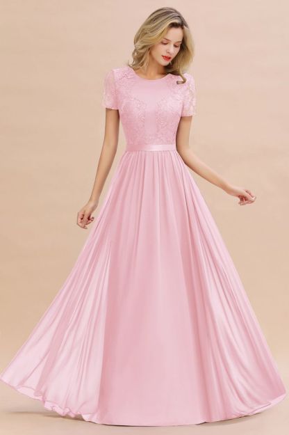 Retro Chiffon Lace Scoop Short-Sleeves Online Bridesmaid Dress