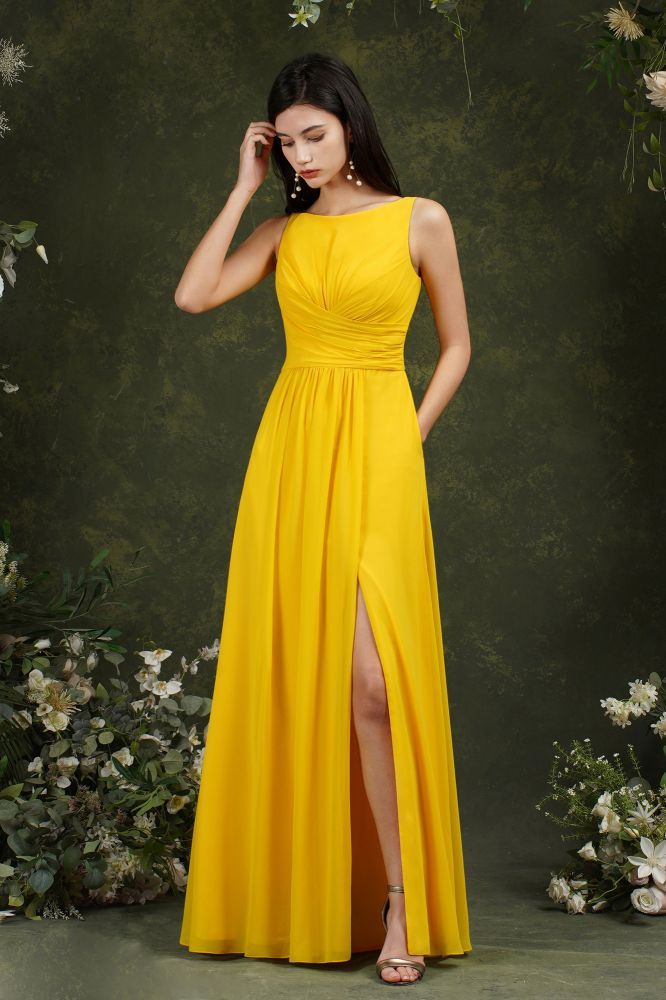 Bateau Ruffles Chiffon Floor-length A-Line Split Bridesmaid Dress With Pockets