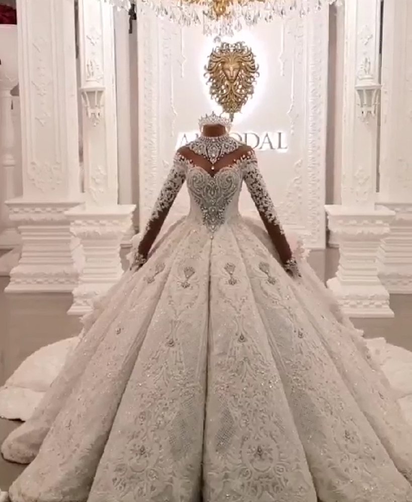 Ball Gown High-neck Luxury Train Long Sleeves Sparkle Applique Satin Wedding Dresses