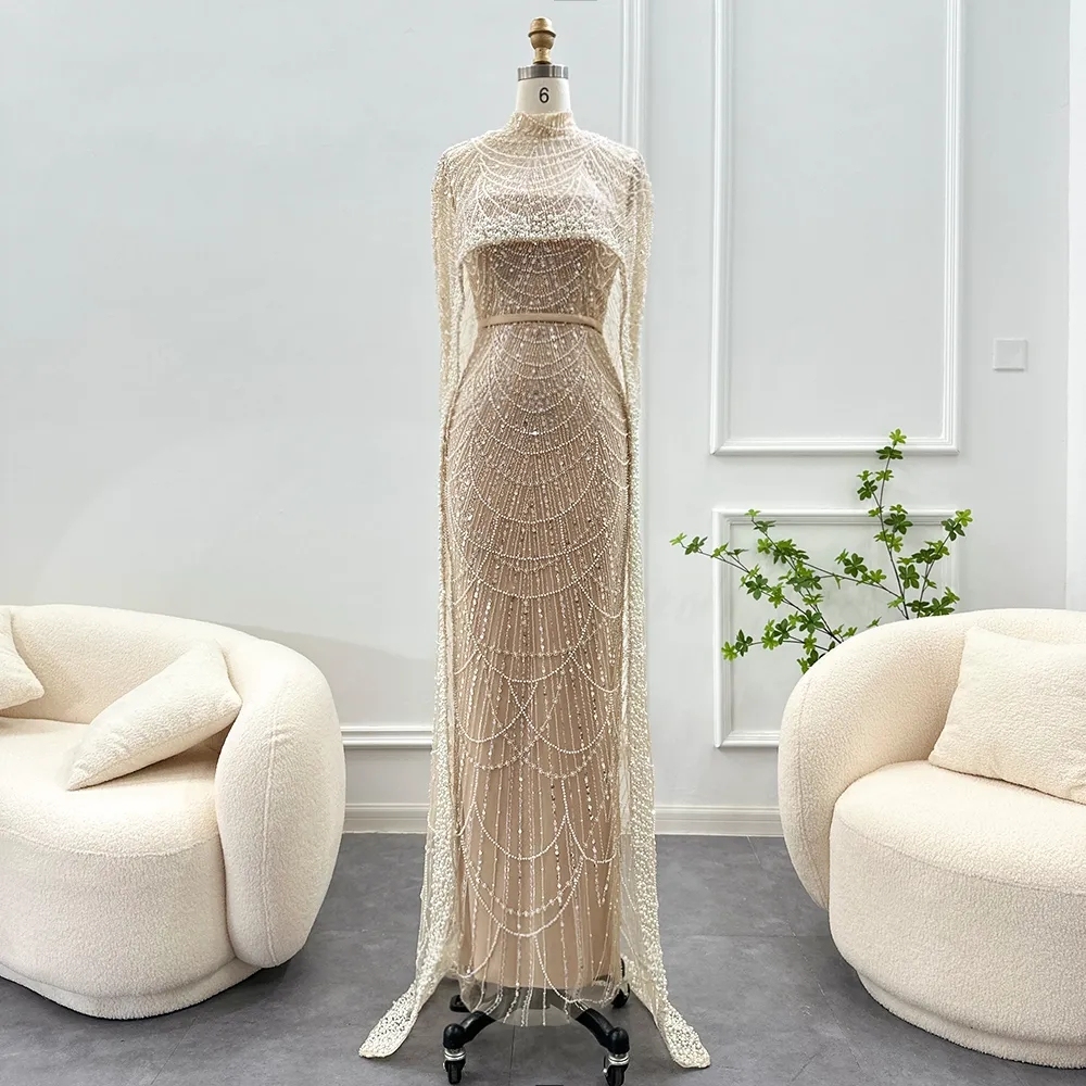 Luxury Pearls Dubai Mermaid Evening Dress with Cape Sleeves Seequined Floor Length Party Dress