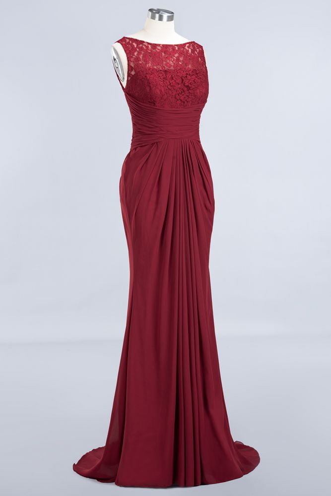 Elegant A-Line Burgundy Chiffon Lace Scoop Sleeveless Ruffles Floor-Length Bridesmaid Dresses
