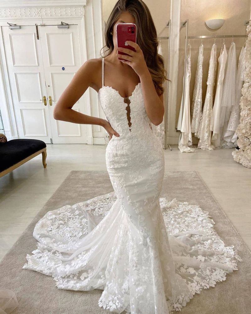 Delicate Double V-Neck Spaghetti Lace Appliques Mermaid Wedding Dresses