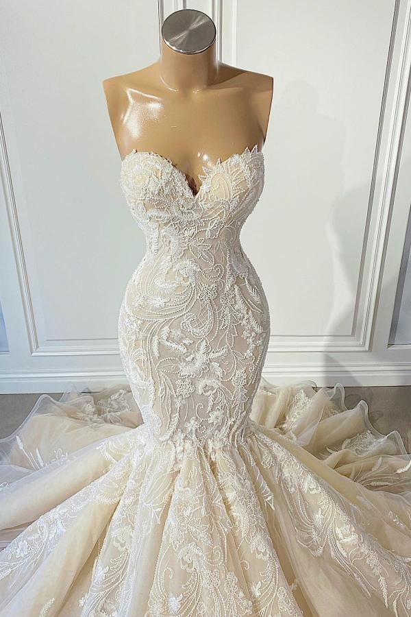 knee length dresses for ladies Gorgeous Strapless Mermaid Wedding Dress Sweetheart Tulle Lace Overskirt Bridal Gowns with Beadings