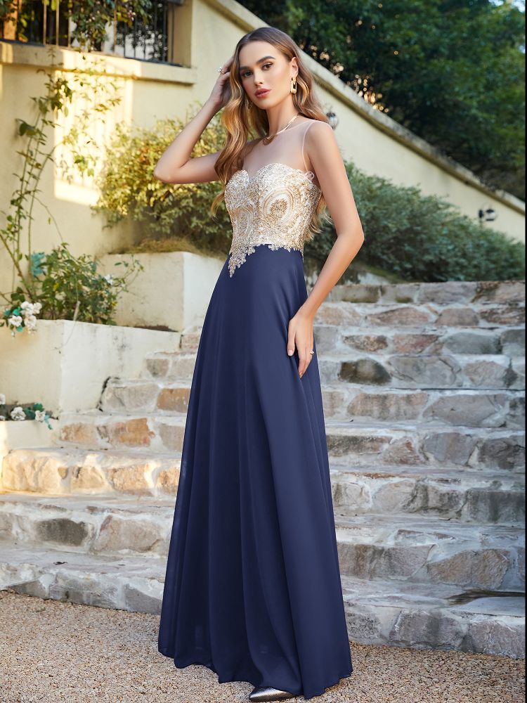 Sleeveless Lace Appliques Long Prom Dresses Chiffon Evening Party Gown