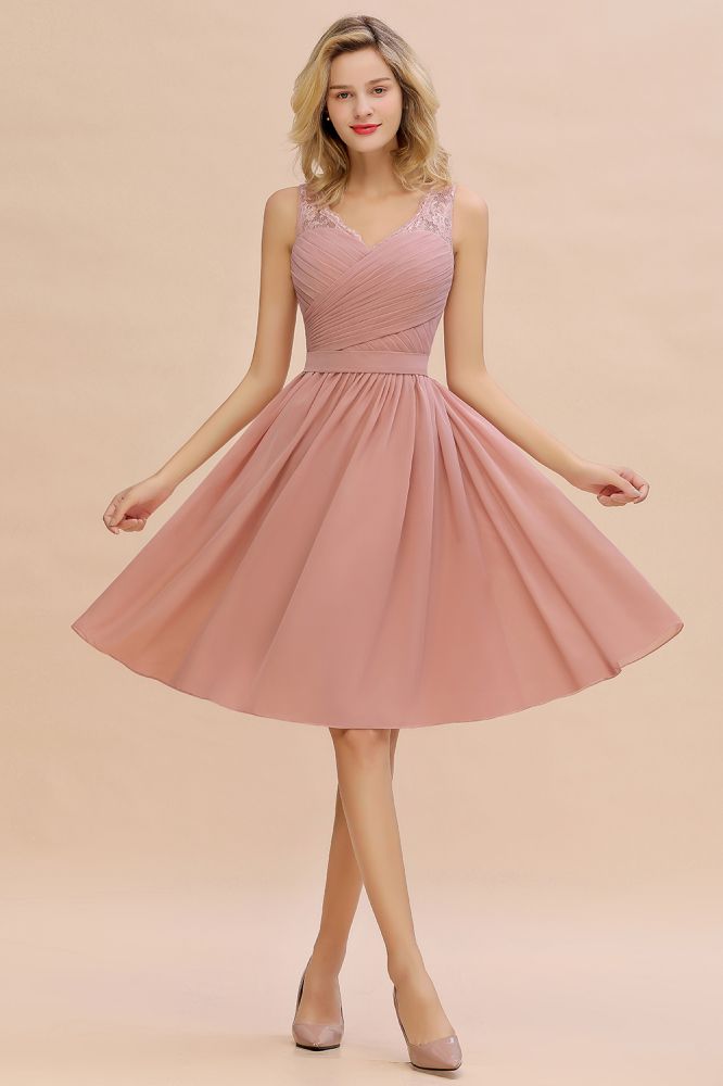 Lace V-neck Long Short Homecoming Dresses with Belt | Sexy Sleeveless V-back Pink Knee length Cocktail Dress-Babyonlinewholesale