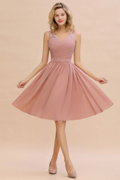 Lace V-neck Long Short Homecoming Dresses with Belt | Sexy Sleeveless V-back Pink Knee length Cocktail Dress-Babyonlinewholesale