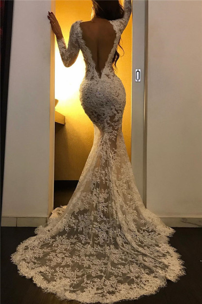 Lace Appliques Sexy White Evening Dresses | Long Sleeve Prom Dresses with Slit