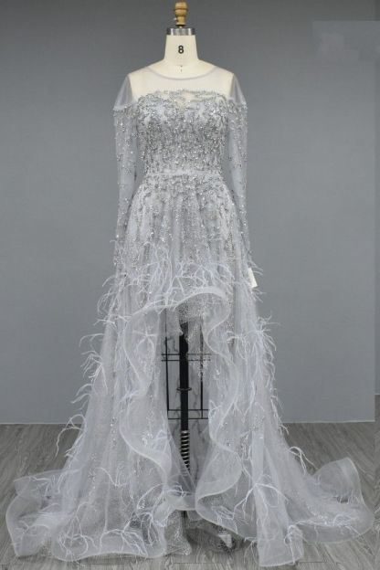 Starpless Gray Ruffles Arabic Court train Prom Dress