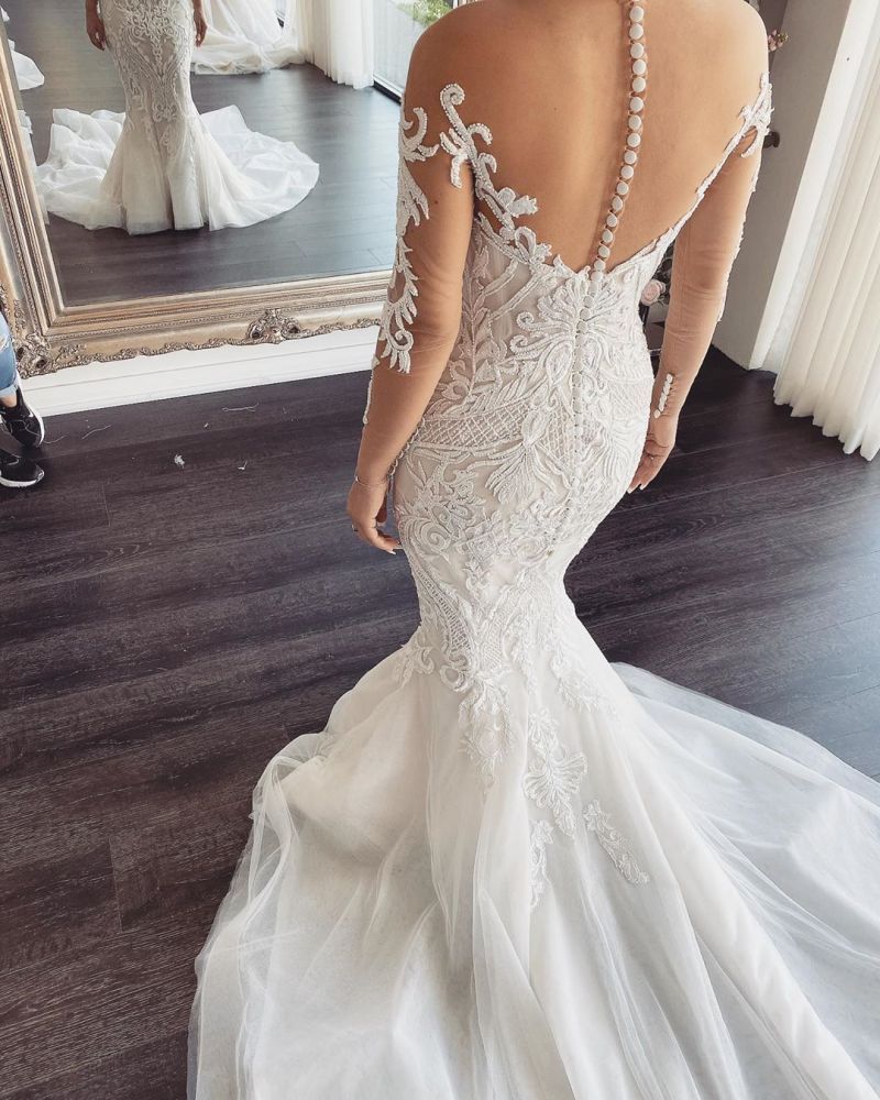 Long sleeves V-neck Lace Mermaid white Wedding Dresses Online