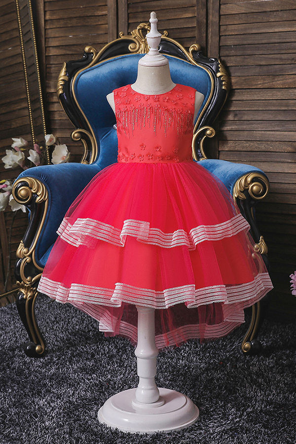 Round neck blue sleeveless ruffles a-line flower girl dress