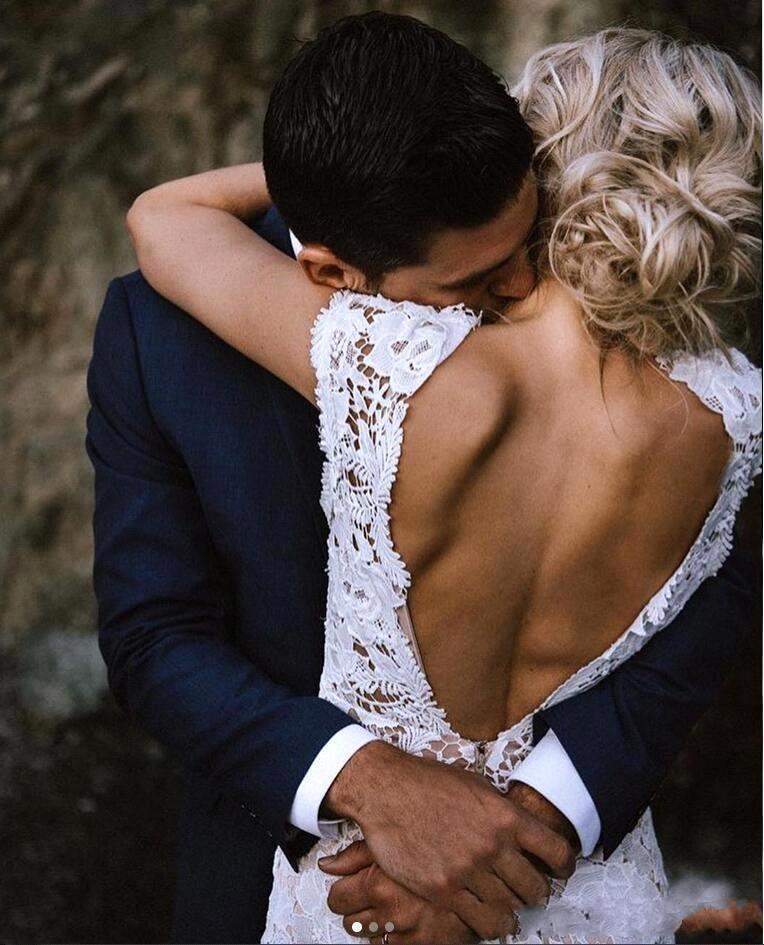 Cap sleeves Sexy Backless Lace Ivory Court Train Boho Wedding Dress