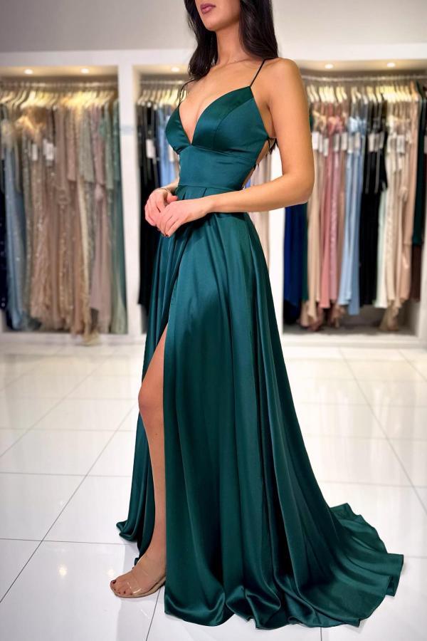 Simple V-neck Dark Green High split A-line Prom Dress
