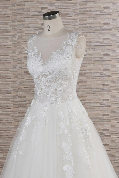 V-neck Sleeveless White A-line Wedding Dresses