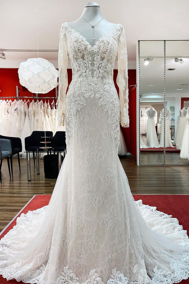 Long Sleeves V-neck Mermaid Lace White Boho Wedding Dresses