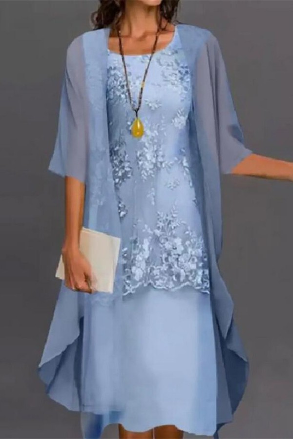 Elegant 3/4 Sleeves Knee Length Beading Jewel Sheath Mother Chiffon Jumpsuit