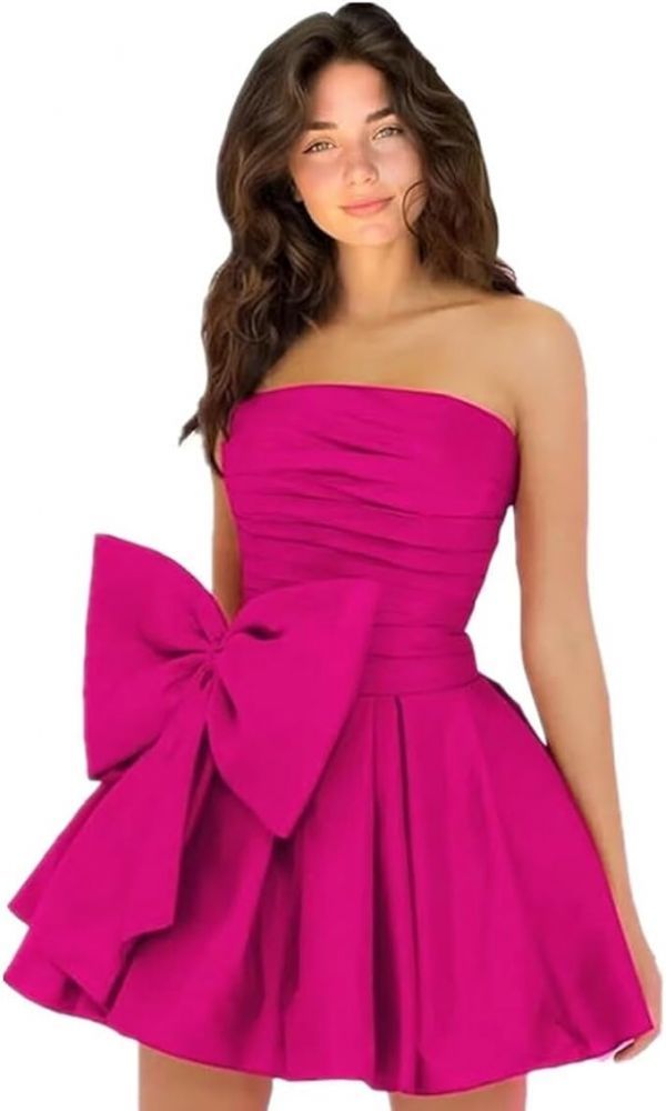 Chic Ruched Satin Short Homecoming Dresses Strapless Knee Length Party Dress with Bow