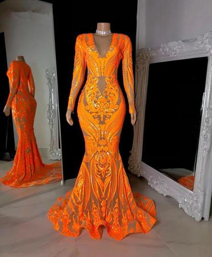 Orange v-neck sequin mermaid prom ress