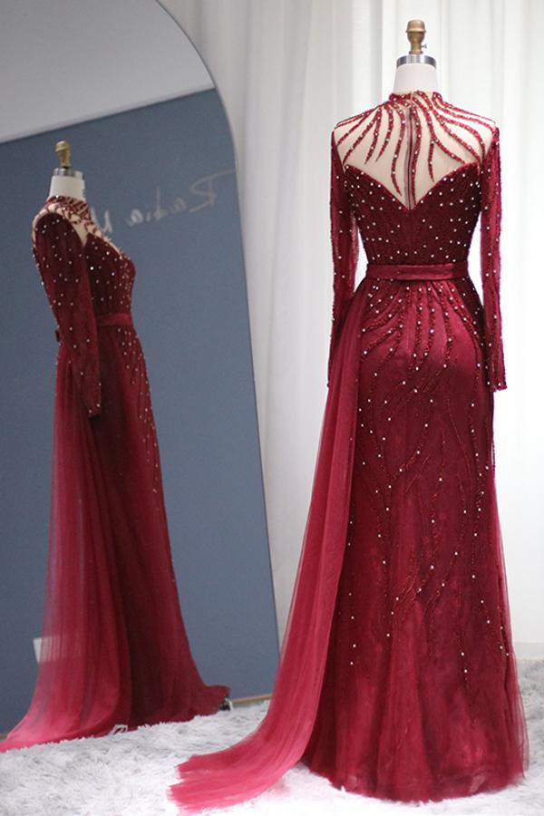 Burgundy Long Sleeves Beads Pearls Mermaid Evening Prom Dress