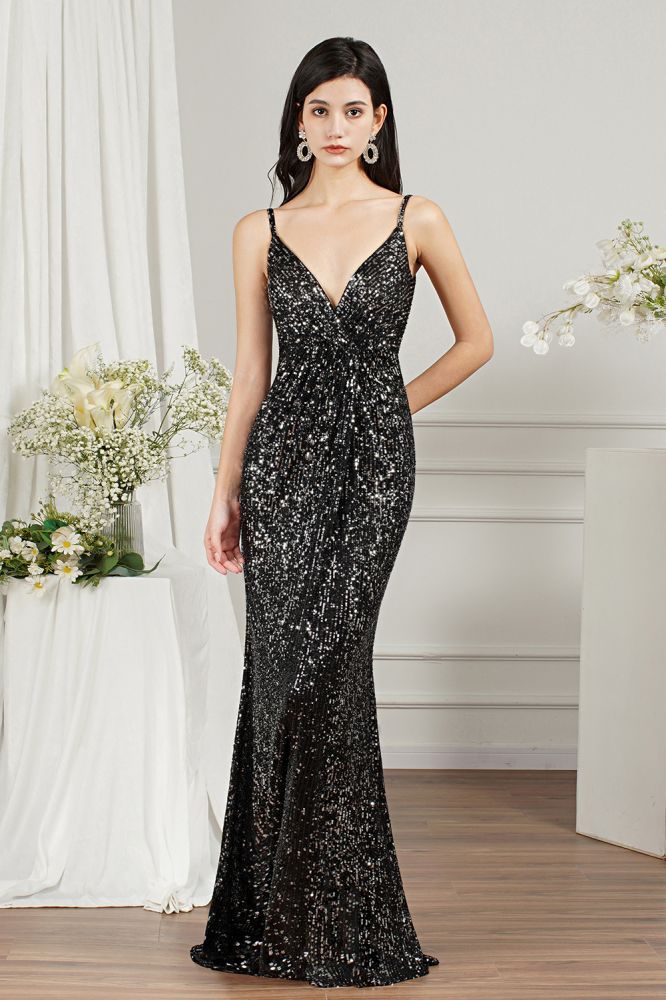 Black Sparkly Sp?ghetti Strap Sleeveless Long Meramid Sequins Prom Dress