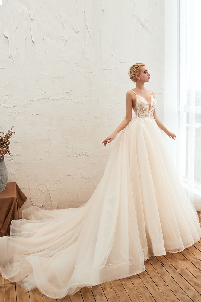 Boho Spaghetti Straps Ivory Ball Gown Wedding Dress | Romantic Bridal Gowns for Sale