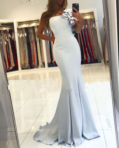 One shoulder ruffles Light Blue Mermaid Long Evening Dress