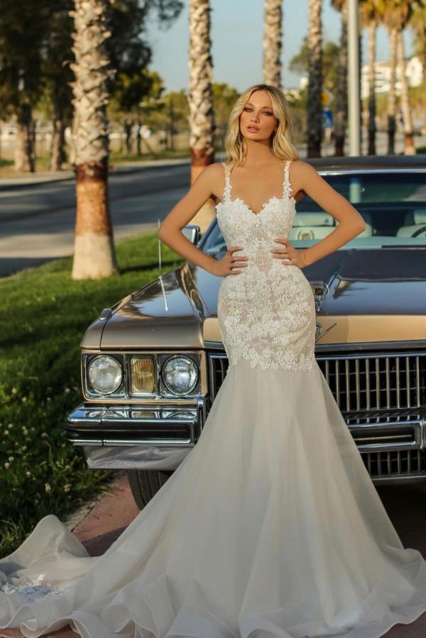 Tulle Lace Wedding Gown Floral Appliques Mermaid Style Maxi Dress for Bride
