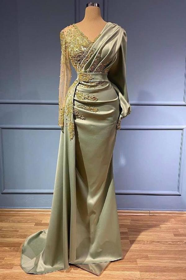 Mermaid Evening Dress Long Sleeves 3D Floral Appliques Satin V-Neck with Side Cape