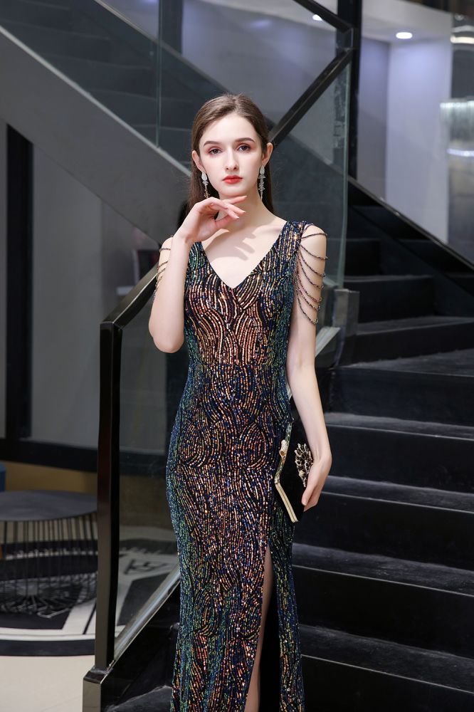 Sparkle V-neck High split Sleeveless Black Evening Dress Online