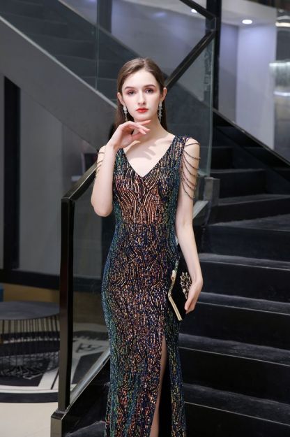 Sparkle V-neck High split Sleeveless Black Evening Dress Online
