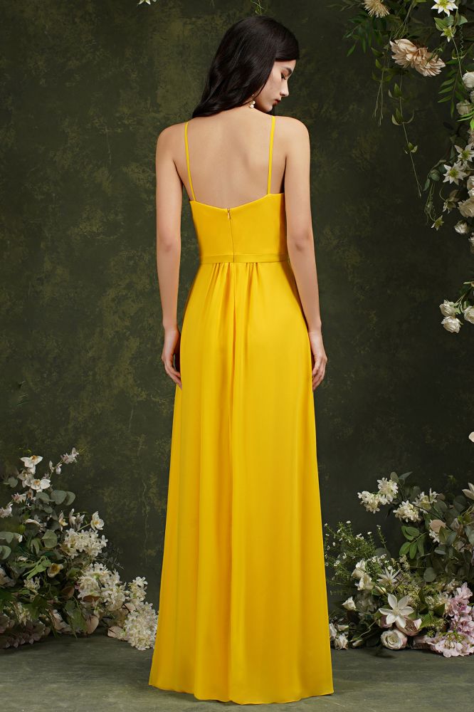 Chiffon Halter Spaghetti Straps A-Line Split Ruffles Bridesmaid Dress With Pockets