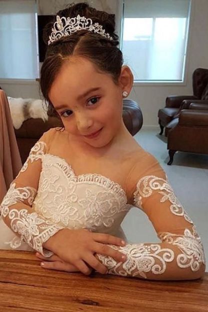 Long sleeves Floor length Champange Bowtie Flower Girl Dresses