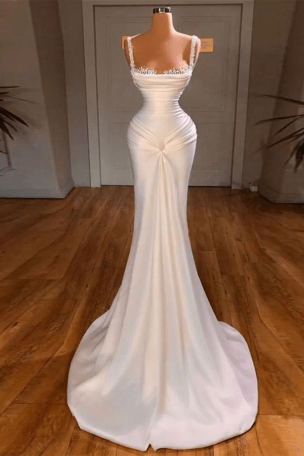 Straps White Square neck Mermaid White Satin Prom Dresses
