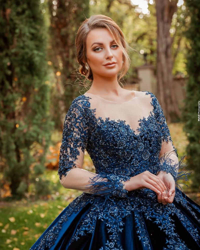 Gorgeous Long Sleeves Velvet Ball Gown with 3D Floral Appliques
