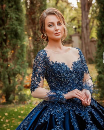 Gorgeous Long Sleeves Velvet Ball Gown with 3D Floral Appliques