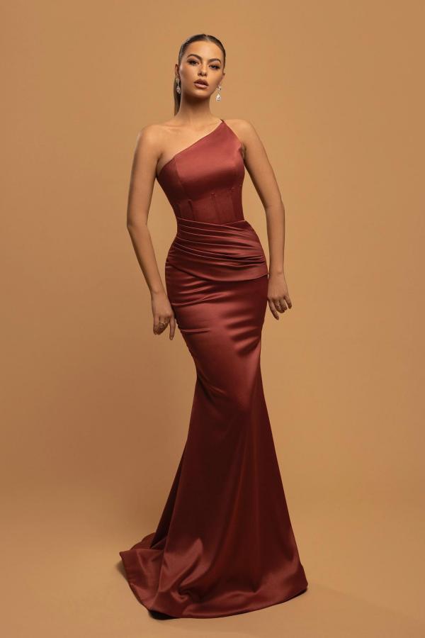 Sexy One Shoulder Ruched Satin Slim Mermaid Prom Dress