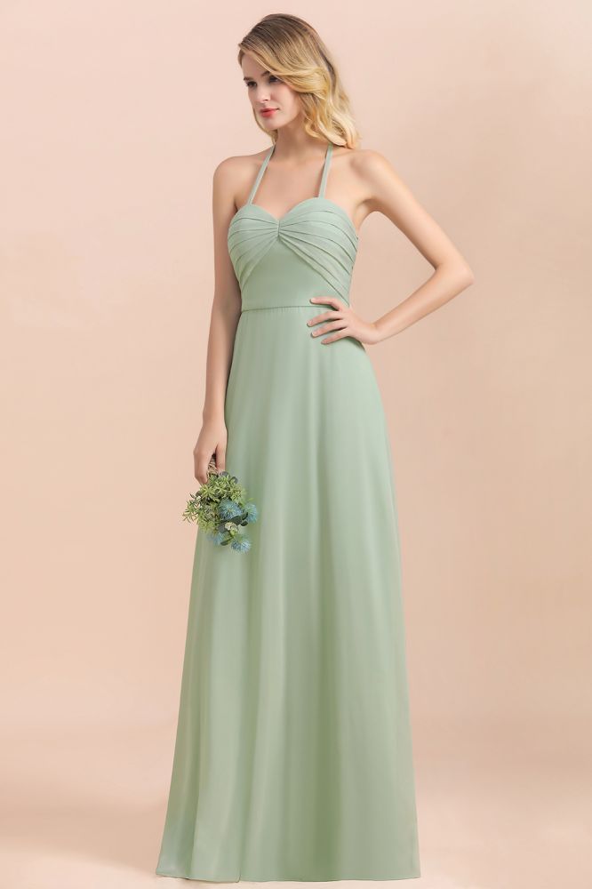 Chic halter Sage Color Aline Bridesmaid Dress Sweetheart Chiffon Long Wedding Guest Dress