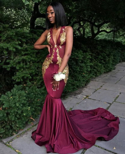 Burgundy V-Neck Prom Dress Sleeveless Mermaid Evening Dress BA8082