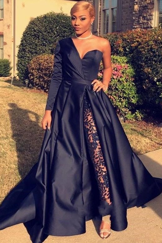 Sexy Asymmetric One Shoulder Satin Prom Dress|Special Style Floor Length Party Dress With Lace Trousers-Babyonlinewholesale