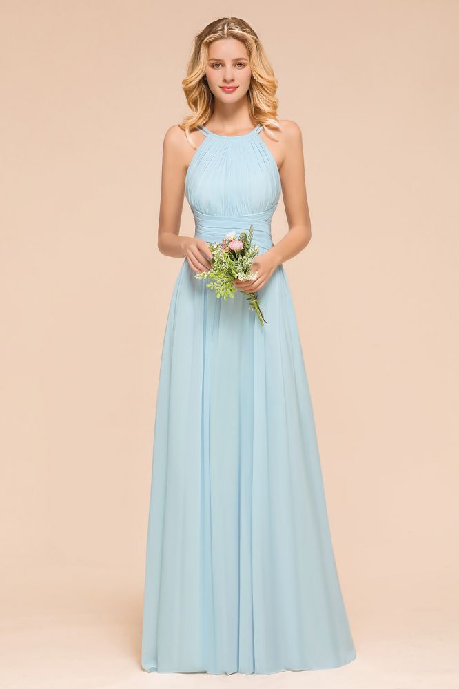 Halter Ruffle Chiffon Long Bridesmaid Dress Sleeveless Formal Dress