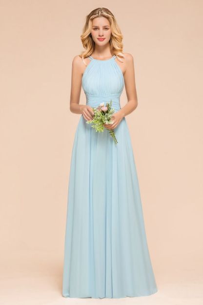 Halter Ruffle Chiffon Long Bridesmaid Dress Sleeveless Formal Dress