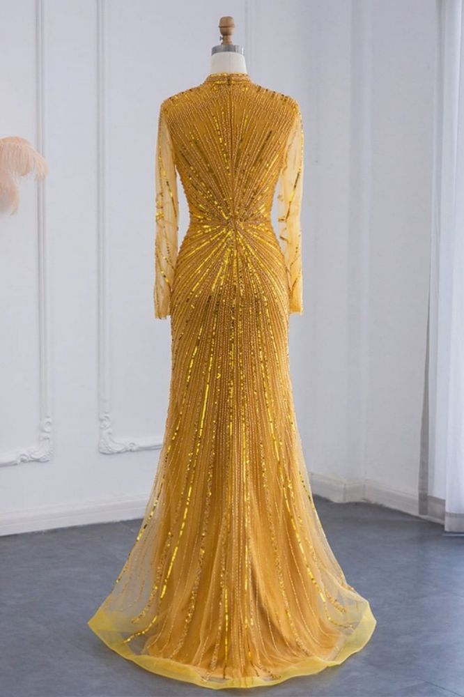 Elegant High Neck Long Sleeves Beading Mermaid Evening Gowns with Crystals Sash