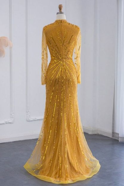 Elegant High Neck Long Sleeves Beading Mermaid Evening Gowns with Crystals Sash